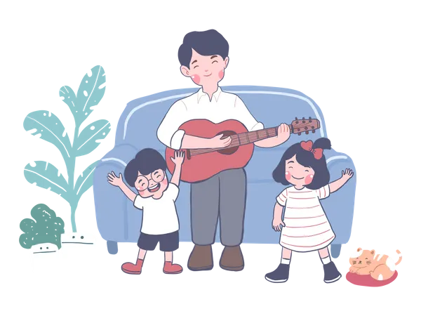 Padre tocando la guitarra y cantando con hijo e hija.  Illustration