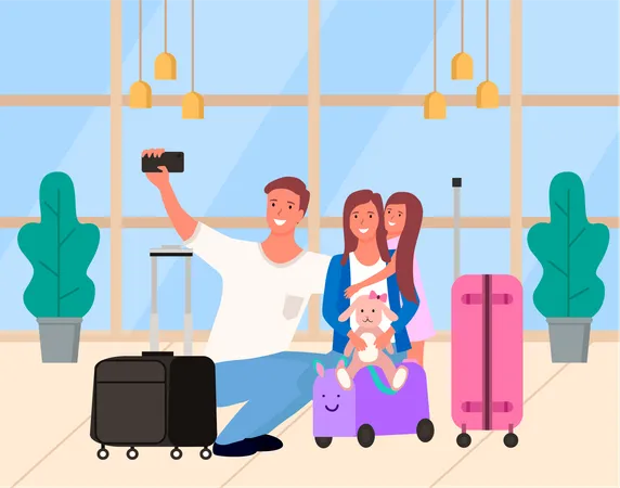 Padre tomando selfie en el aeropuerto  Ilustración