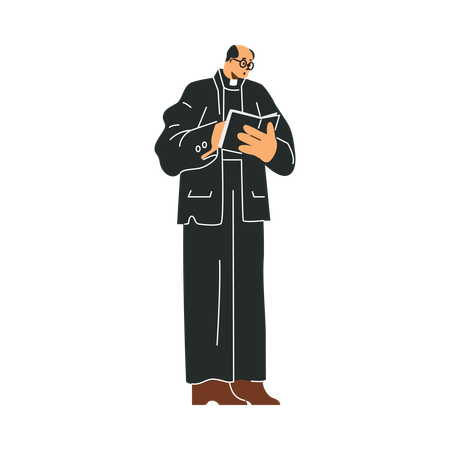 Padre vestido de preto com livro nas mãos realiza cerimônia de despedida de falecido  Ilustração