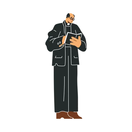 Padre vestido de preto com livro nas mãos realiza cerimônia de despedida de falecido  Ilustração