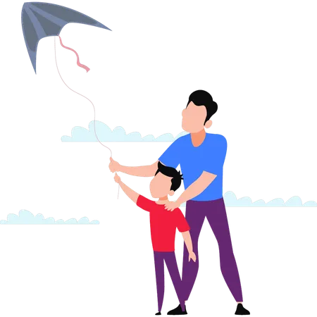 Padre volando cometa con niño  Ilustración