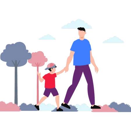 Padre e hijo caminando en el parque  Ilustración
