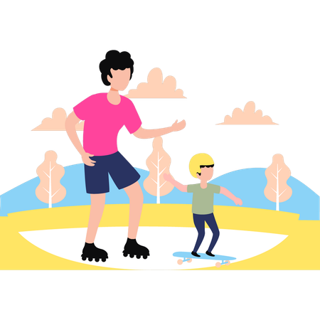 Padre y niño están patinando  Ilustración