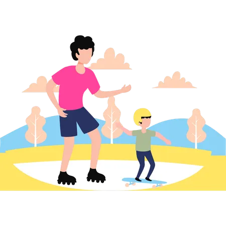 Padre y niño están patinando  Ilustración