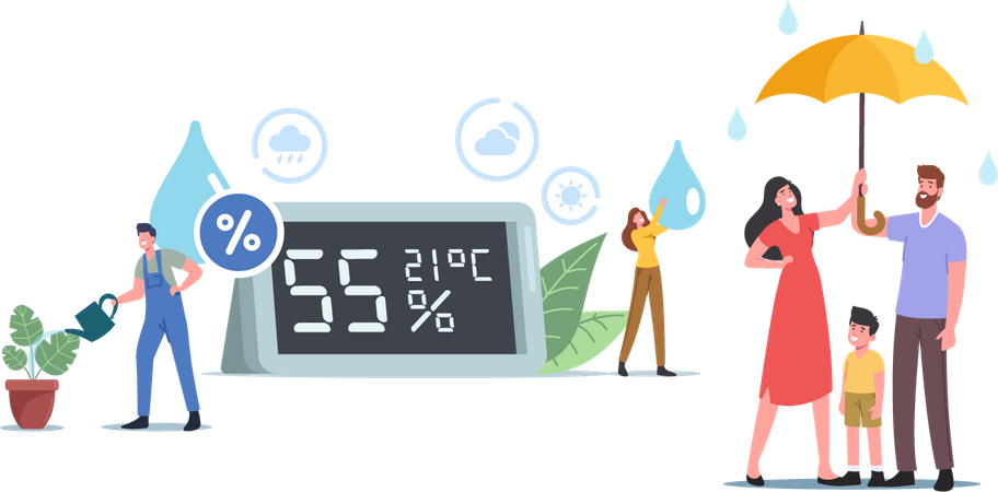Padre y madre sosteniendo paraguas bajo la lluvia  Ilustración