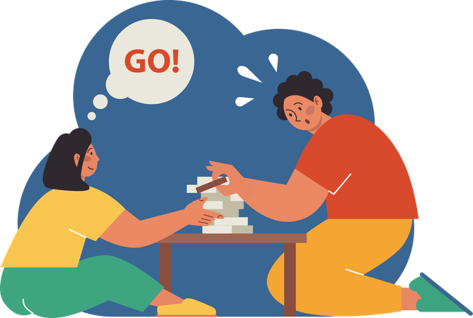 Padre y niña jugando al juego Jenga  Ilustración