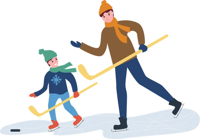 Padre y su hijo jugando hockey sobre hielo.  Ilustración