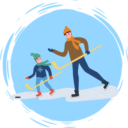 Padre y su hijo jugando hockey sobre hielo.  Ilustración