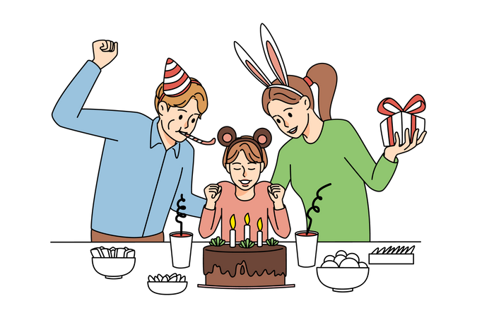 Padres celebrando el cumpleaños de su hija.  Ilustración