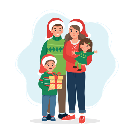 Padres celebrando la Navidad con sus hijos  Ilustración