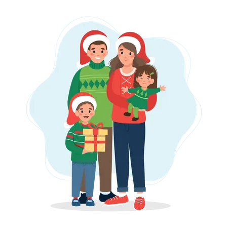 Padres celebrando la Navidad con sus hijos  Ilustración