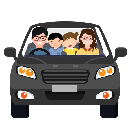 Padres con dos niños alegres, niño y niña, sentados en un auto gris  Ilustración