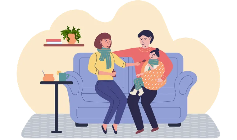 Los padres le dan medicina al niño  Ilustración