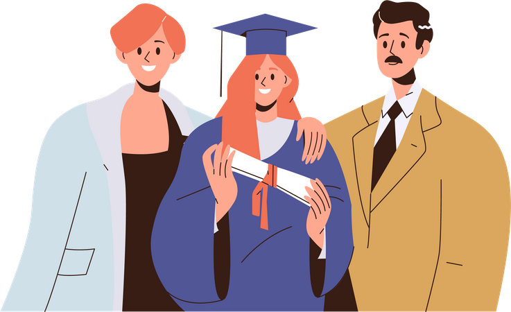 Padres de pie y orgullosos de su hija pequeña con diploma el día de graduación.  Ilustración