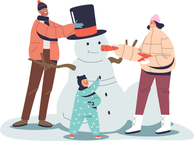 Padres decorando muñeco de nieve con niño.  Ilustración