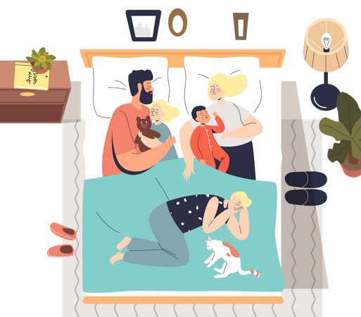 Padres durmiendo con niños en la cama  Ilustración