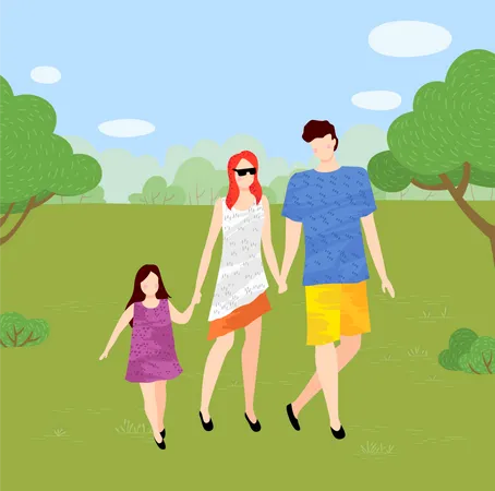 Los padres y la pequeña hija caminan por el parque y se toman de la mano.  Ilustración