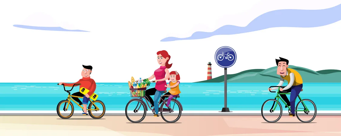 Padres e hijos montando en bicicleta en la playa  Ilustración
