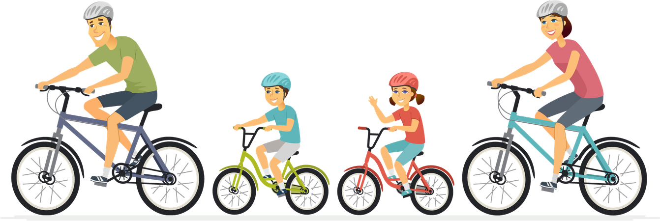 Padres e hijos en bicicleta.  Ilustración