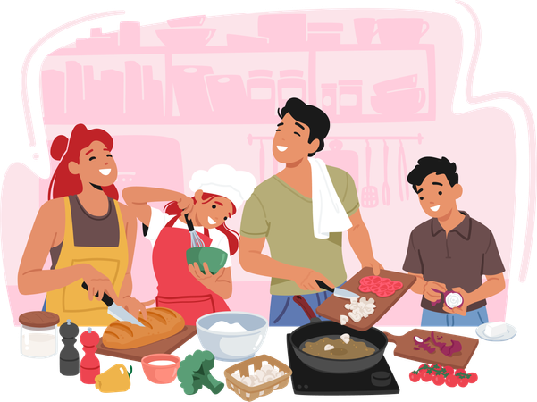 Padres e hijos colaboran en la cocina, compartiendo risas y secretos culinarios  Ilustración