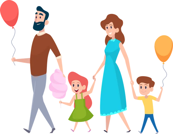 Padres e hijos sosteniendo globos  Ilustración