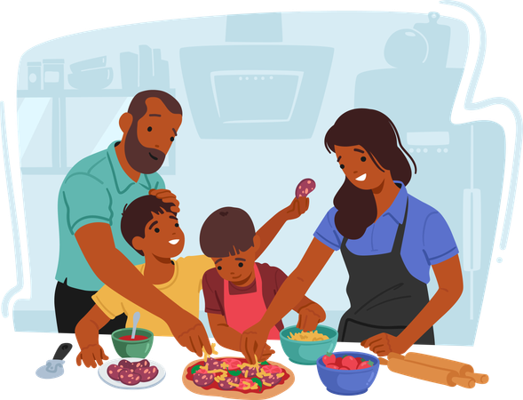 Padres e hijos crean juntos con alegría delicias culinarias  Ilustración