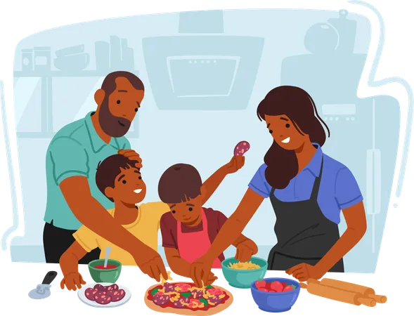 Padres e hijos crean juntos con alegría delicias culinarias  Ilustración