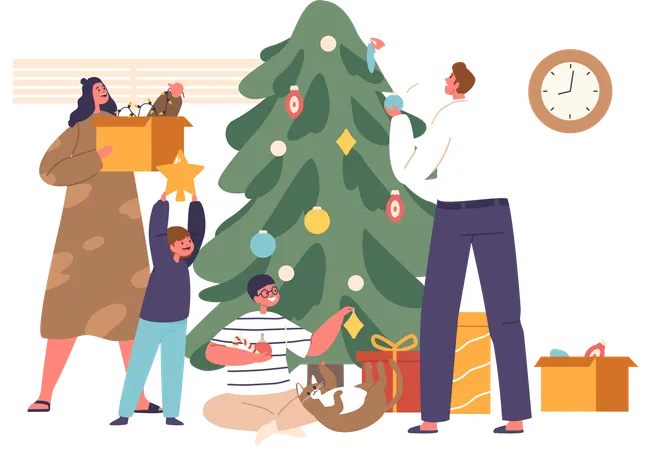 Padres e hijos decorando el árbol de Navidad.  Ilustración