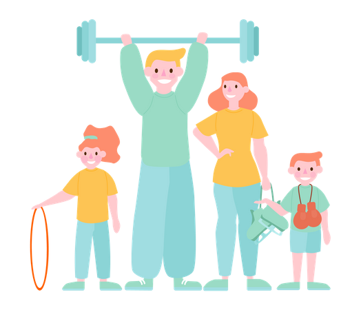 Padres e hijos haciendo gimnasia y ejercicio.  Ilustración