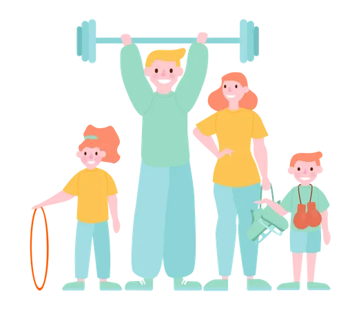 Padres e hijos haciendo gimnasia y ejercicio.  Ilustración