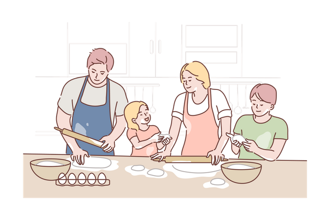 Padres e hijos horneando juntos en la cocina  Ilustración