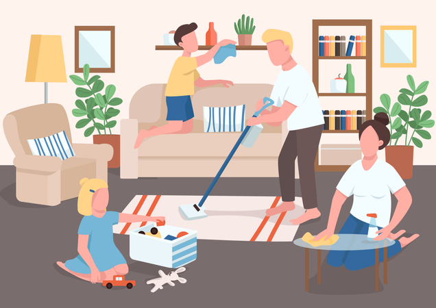 Padres e hijos limpiando el hogar.  Ilustración