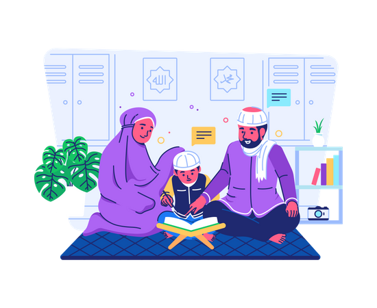 Padres enseñando a sus hijos a leer el Corán  Ilustración