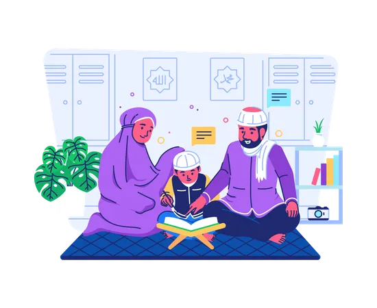 Padres enseñando a sus hijos a leer el Corán  Ilustración