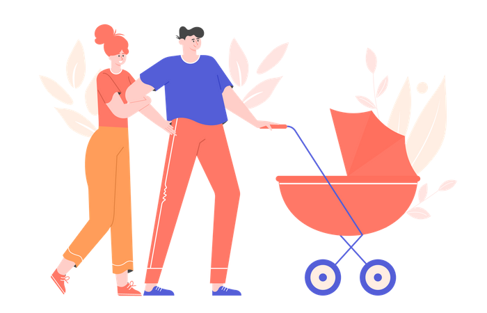 Los padres jóvenes caminan con un cochecito  Ilustración