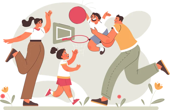 Padres jugando baloncesto con niños.  Ilustración