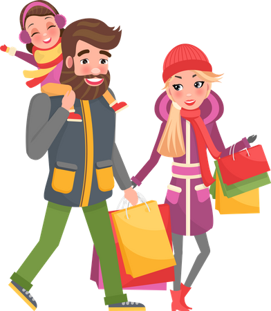 Los padres y la niña hacen compras en Navidad  Ilustración