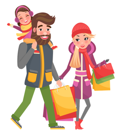 Padres y niña haciendo compras en Navidad  Ilustración