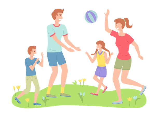 Los padres y el niño jugando a la pelota al aire libre.  Ilustración