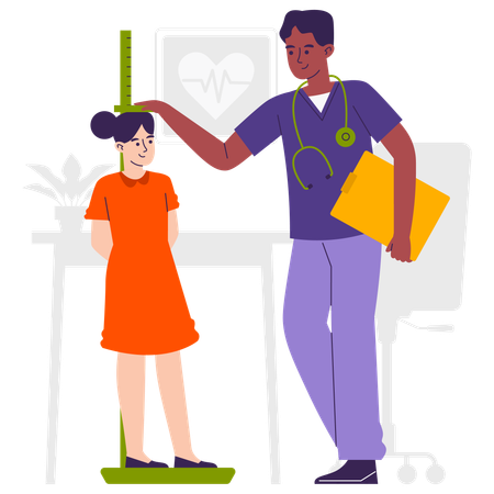 Paediatrician checking hight of girl  Illustration