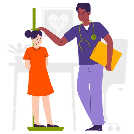 Paediatrician checking hight of girl  Illustration