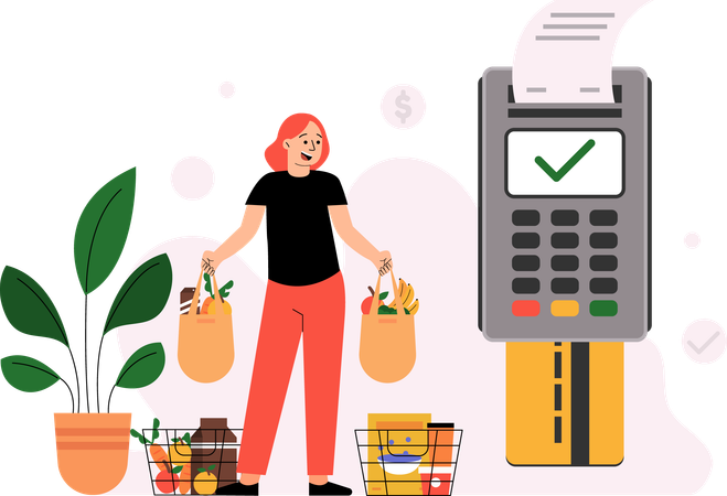 Pagamento de compras de supermercado usando máquina POS  Ilustração