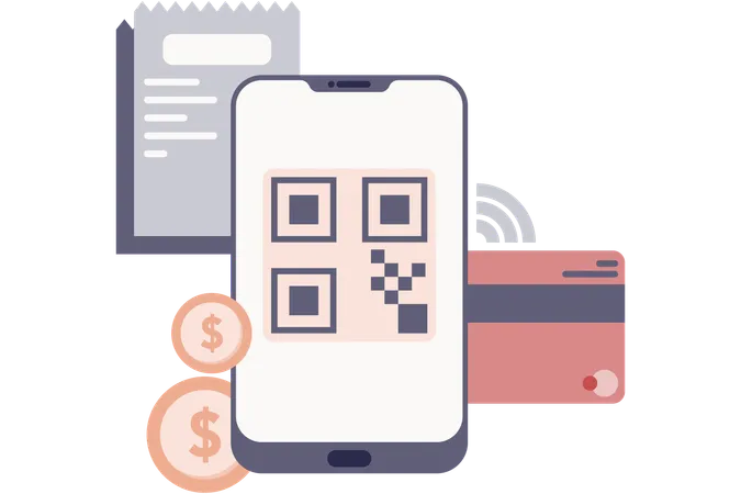 Pagamento digital no smartphone com código QR  Ilustração