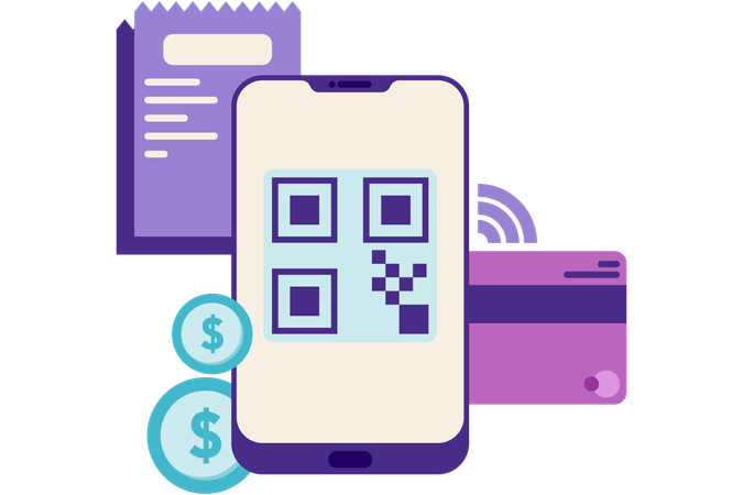 Pagamento digital no smartphone com código QR  Ilustração