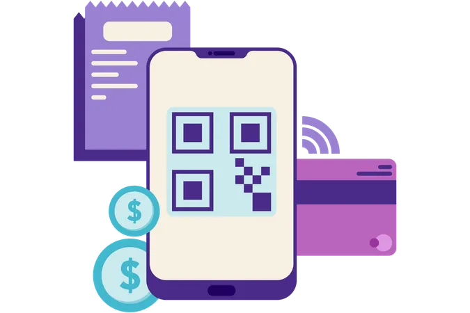 Pagamento digital no smartphone com código QR  Ilustração