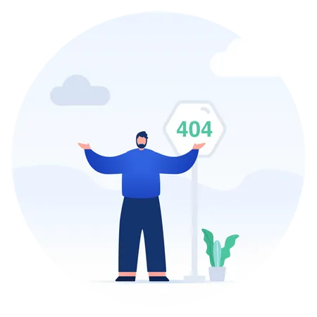 Illustration Of Man With Confused Gestures Standing In Front Of 404 Sign Illustration