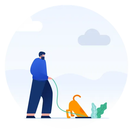Illustration Of Man And His Dog Searching For Something In A Hole Illustration