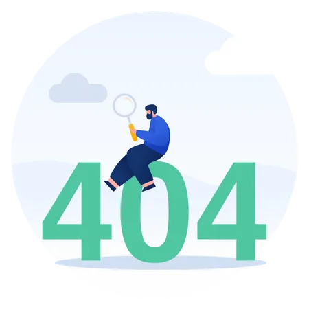 Illustration Of Man Sitting On Number 404 Holding Magnifying Glass Illustration
