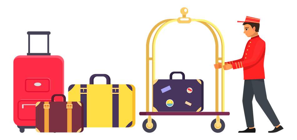 Hotelpage, der das Gepäck der Gäste transportiert  Illustration