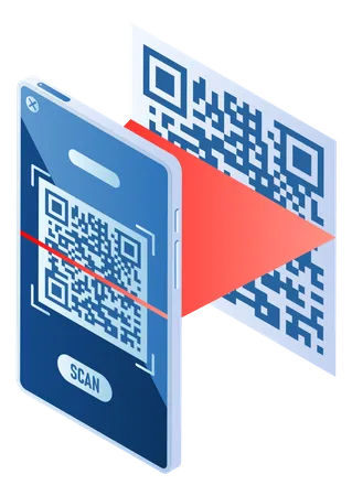 Smartphone Con Banner Web Isometrico 3 D Con Un Escaner Que Escanea El Codigo QR Concepto De Tecnologia De Verificacion De Codigo QR Ilustración